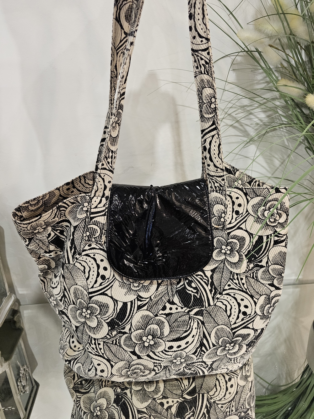 Black & Cream Floral Tote Bag with Gloss Flap